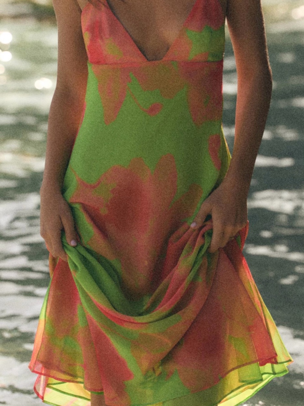 Zara Lime and Coral Floral Slip Midi Dress - Spaghetti Straps - Picture 3 of 4